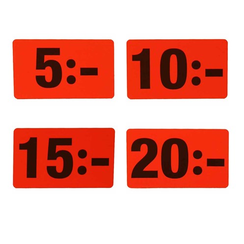 Infoetikett, valörer fr 5:- röd, 32x51 mm
